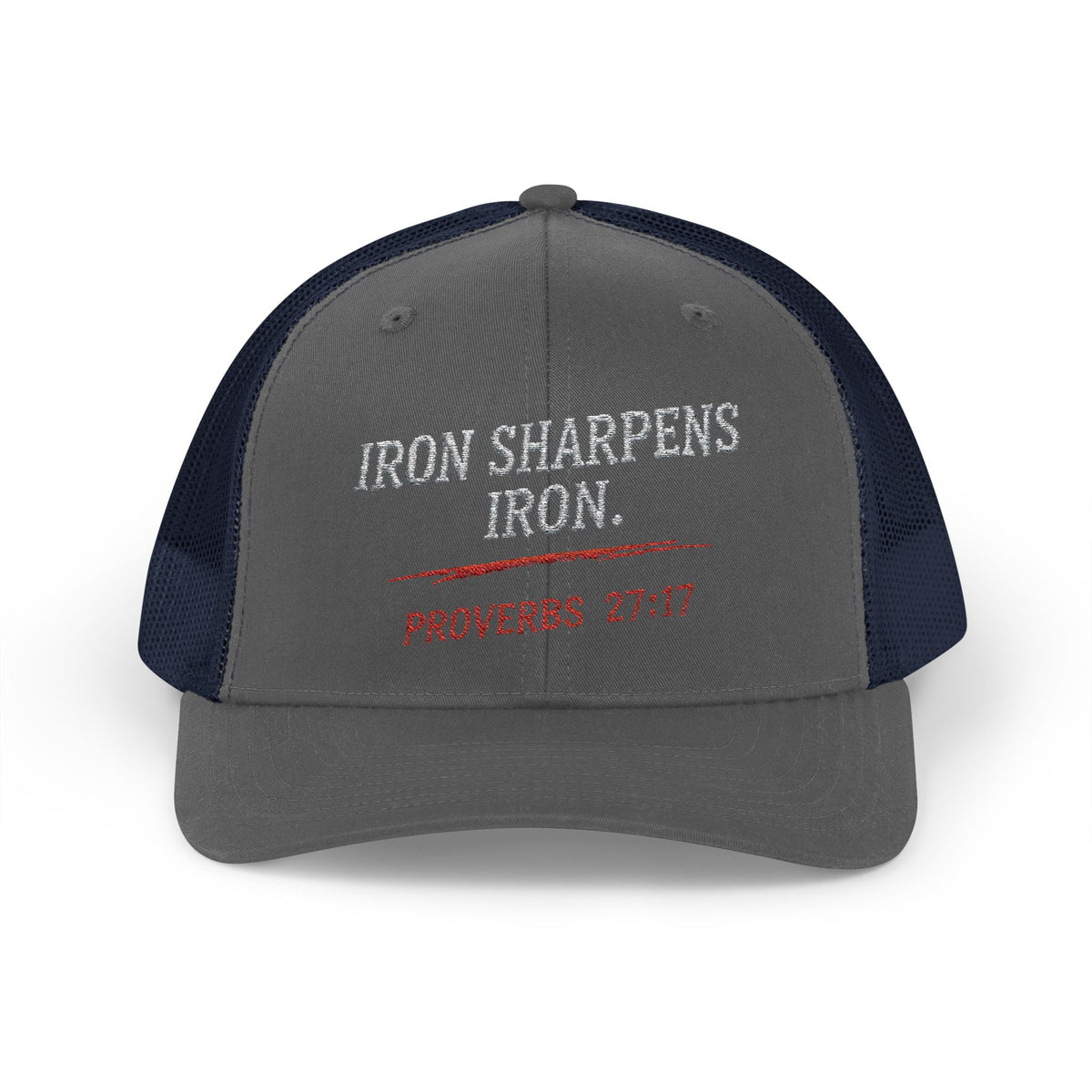 PR3PARED Iron Sharpens Iron Snapback Trucker Cap — Proverbs 27:17 Christian Mesh Hat