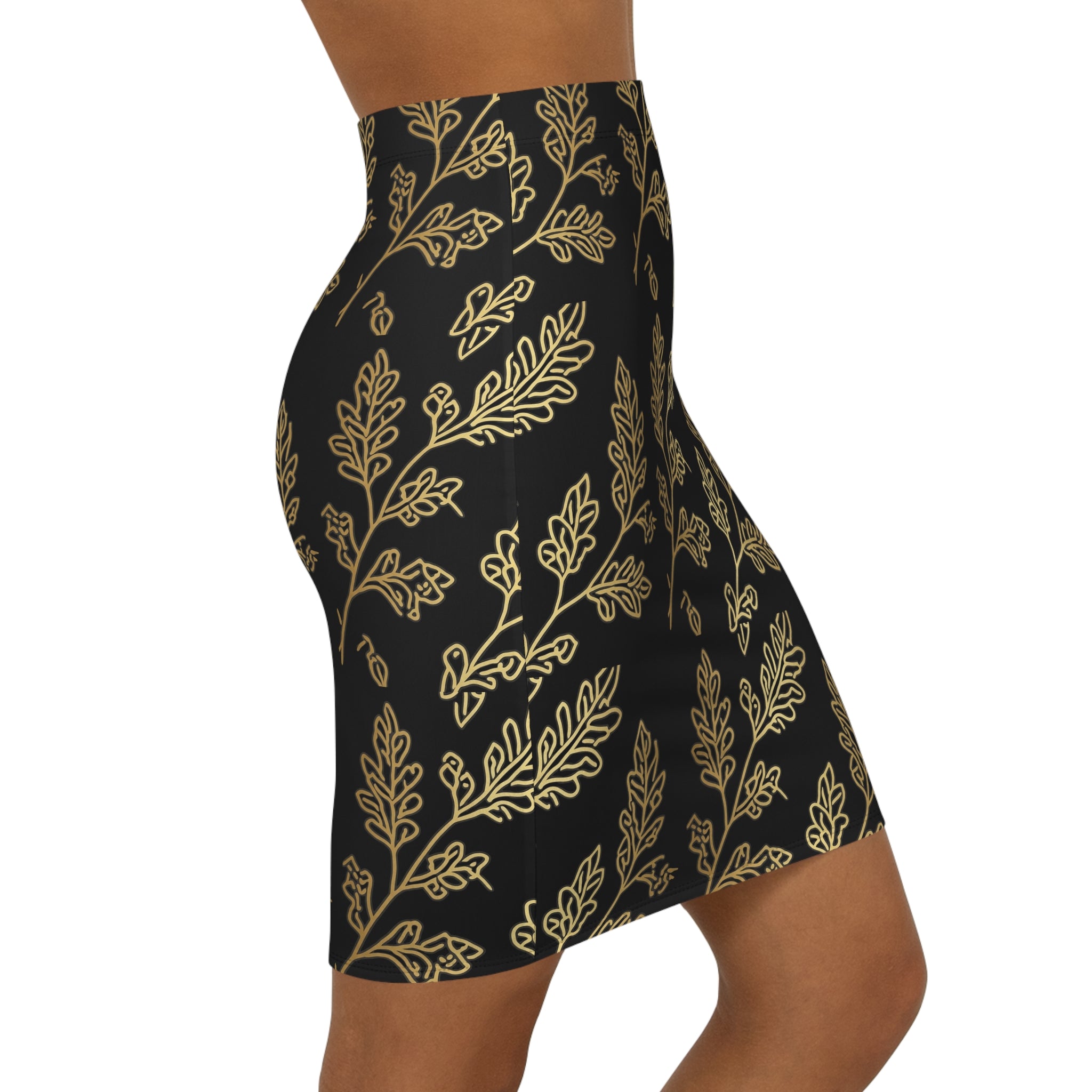 PR3PARED Gold Leaf Pattern Pencil Skirt — Elegant Black & Gold Mid‑Waist Skirt