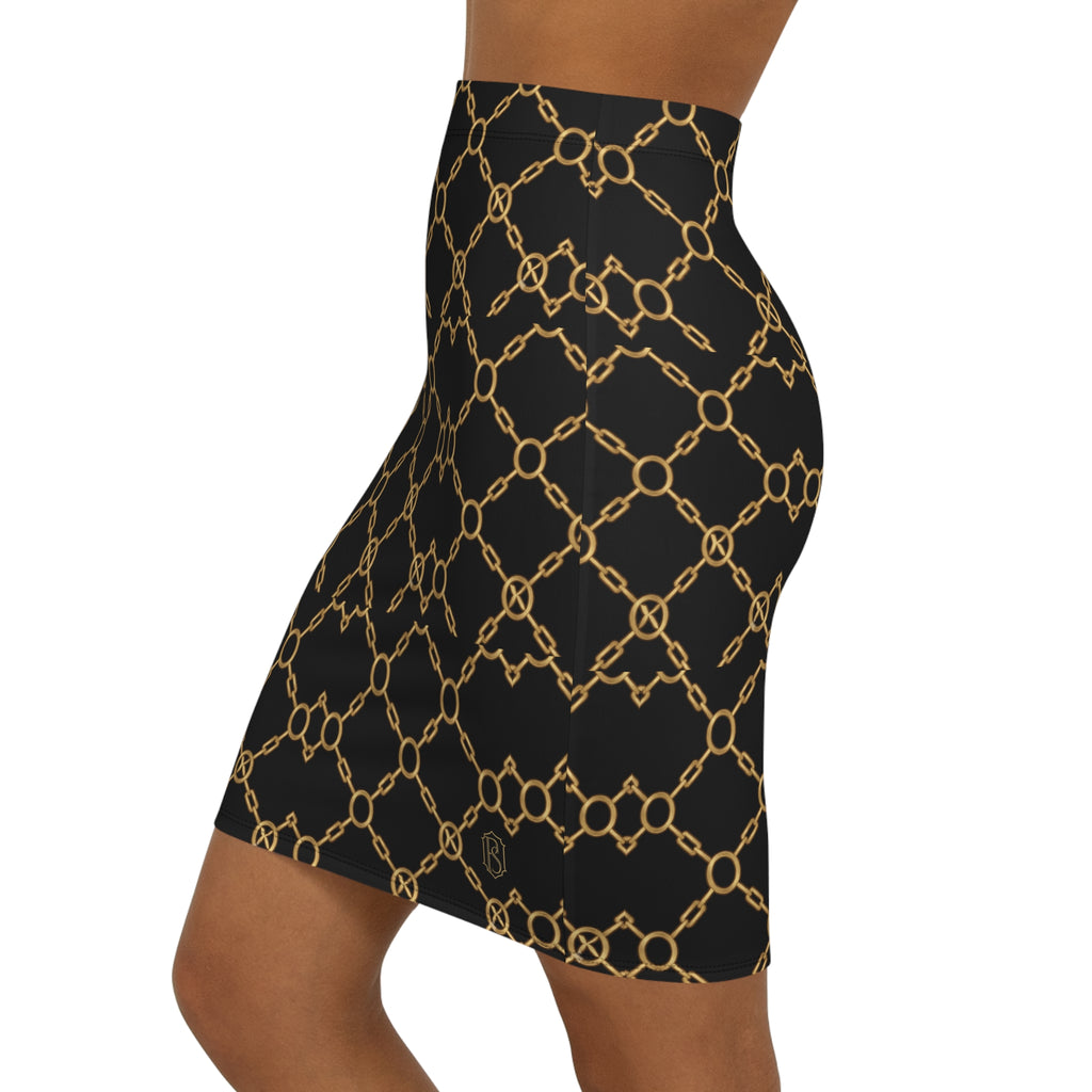 PR3PARED Chain-Print Pencil Skirt - Black & Gold Mid-Waist Fashion Skirt