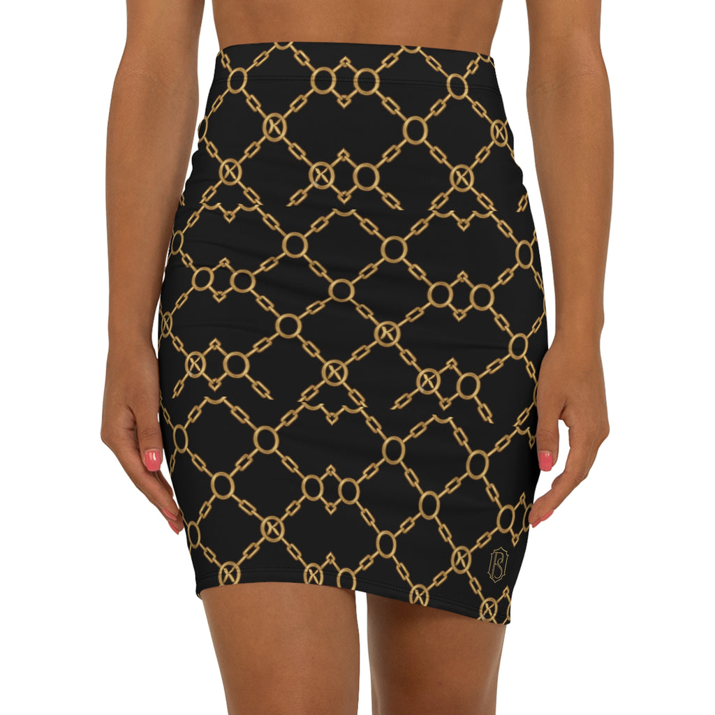 PR3PARED Chain-Print Pencil Skirt - Black & Gold Mid-Waist Fashion Skirt