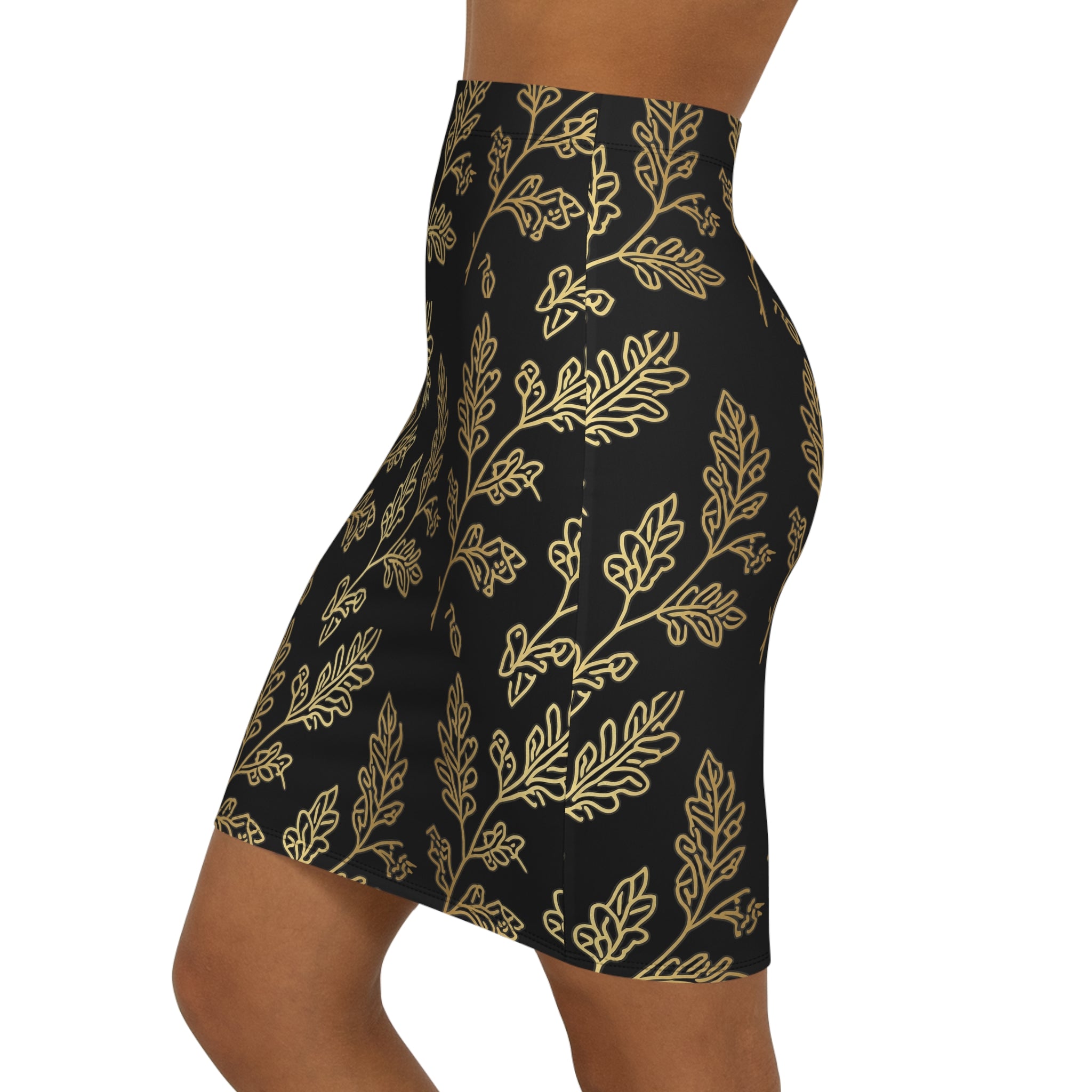 PR3PARED Gold Leaf Pattern Pencil Skirt — Elegant Black & Gold Mid‑Waist Skirt