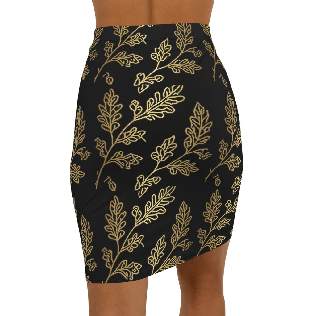 PR3PARED Gold Leaf Pattern Pencil Skirt — Elegant Black & Gold Mid‑Waist Skirt