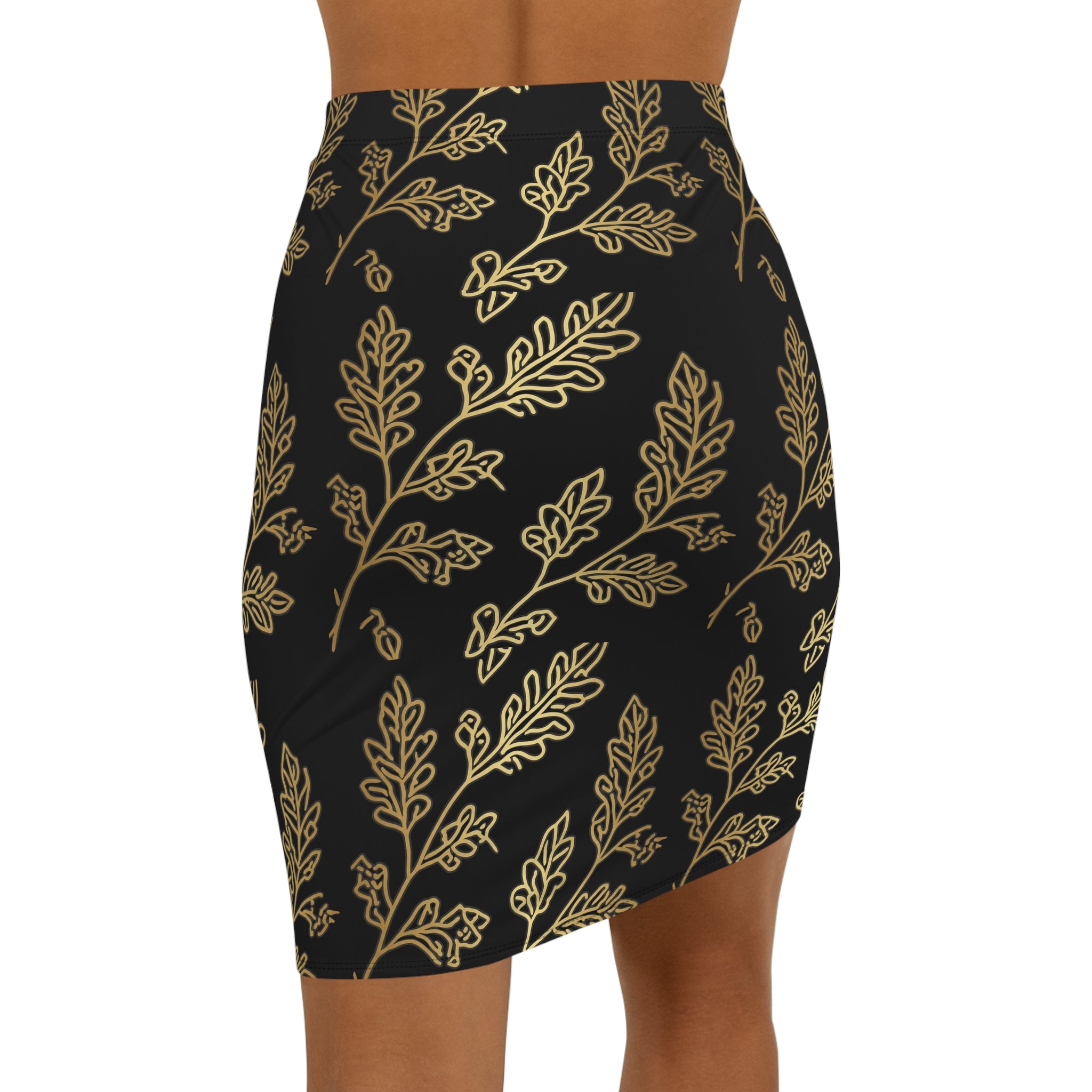 PR3PARED Gold Leaf Pattern Pencil Skirt — Elegant Black & Gold Mid‑Waist Skirt