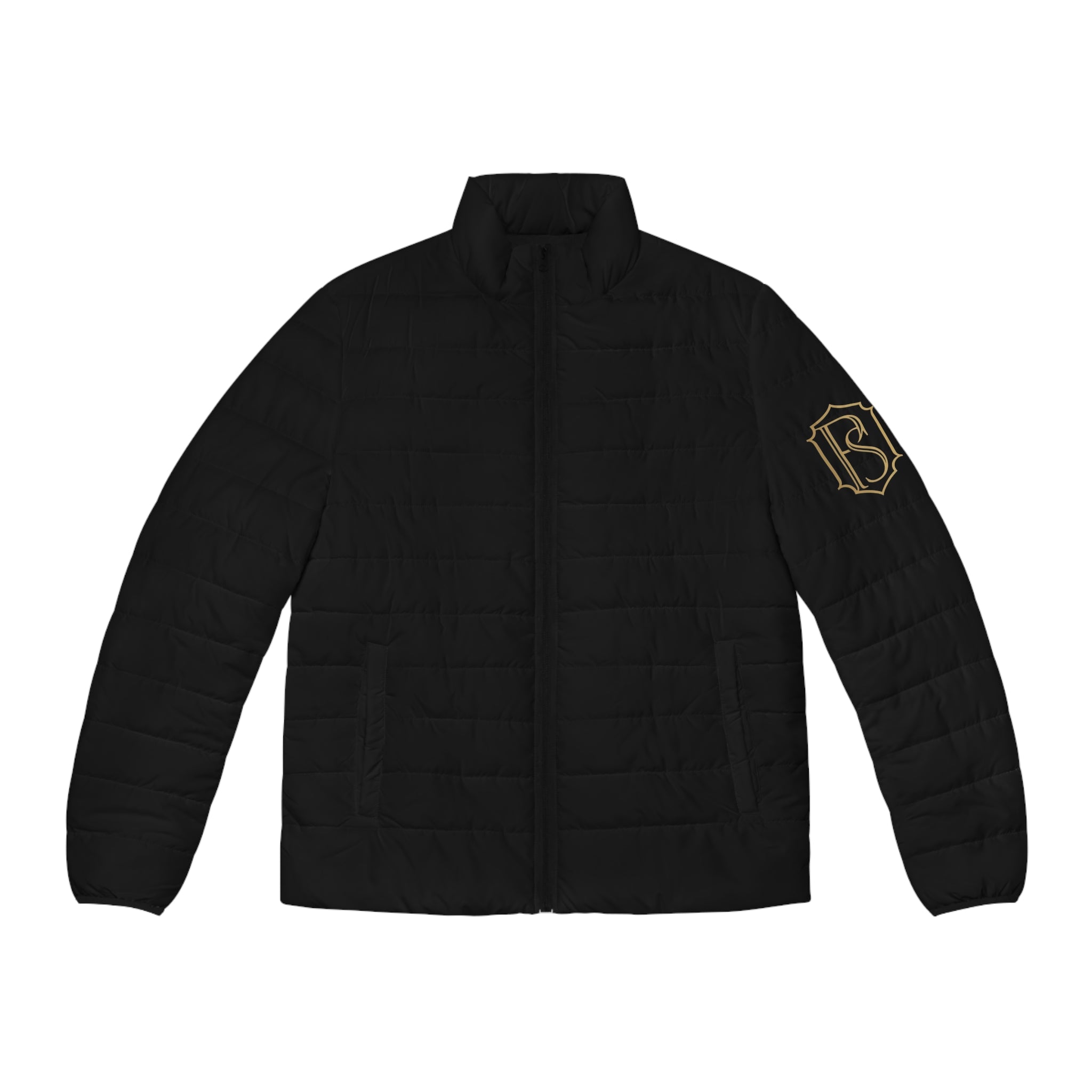 PR3PARED Black Puffer Jacket with Gold Crest Sleeve — Lightweight Quilted Coat
