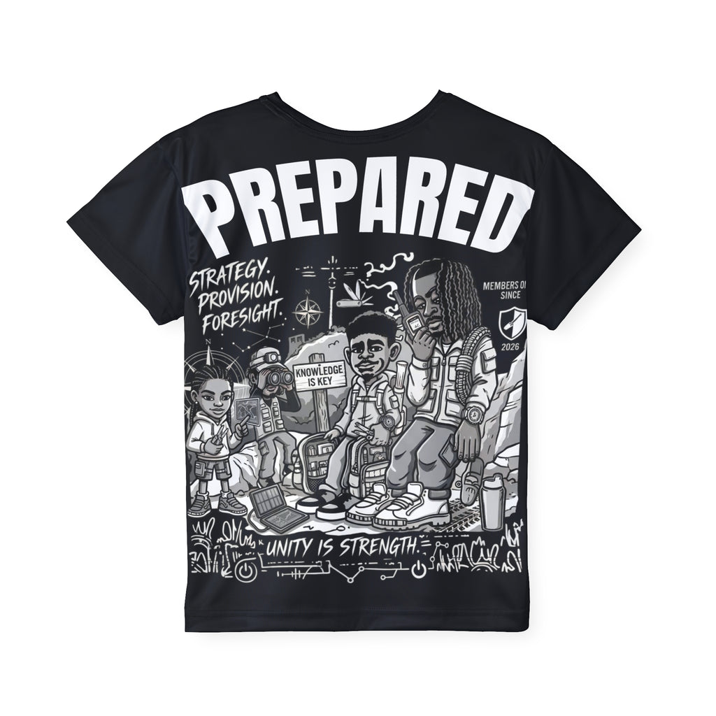 PR3PARED Kids Sports Jersey Tee — Graphic 'Prepared' Black All-Over Print