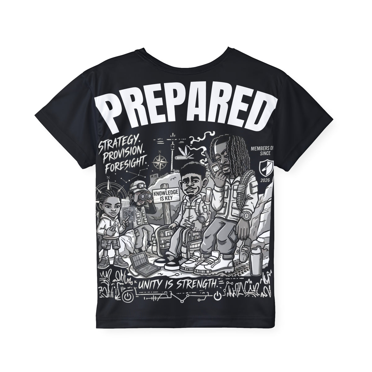 PR3PARED Kids Sports Jersey Tee — Graphic 'Prepared' Black All-Over Print