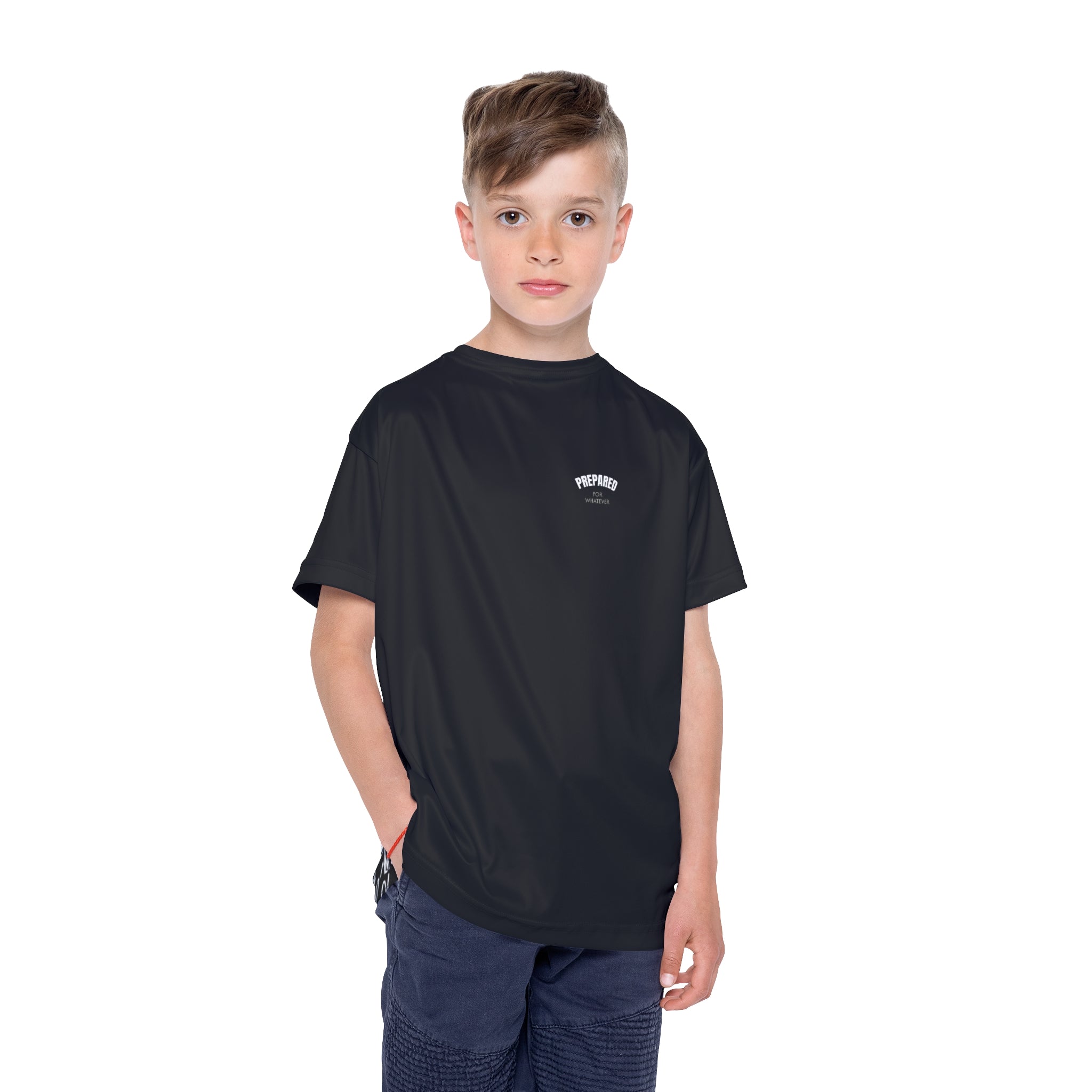 PR3PARED Kids Sports Jersey Tee — Graphic 'Prepared' Black All-Over Print