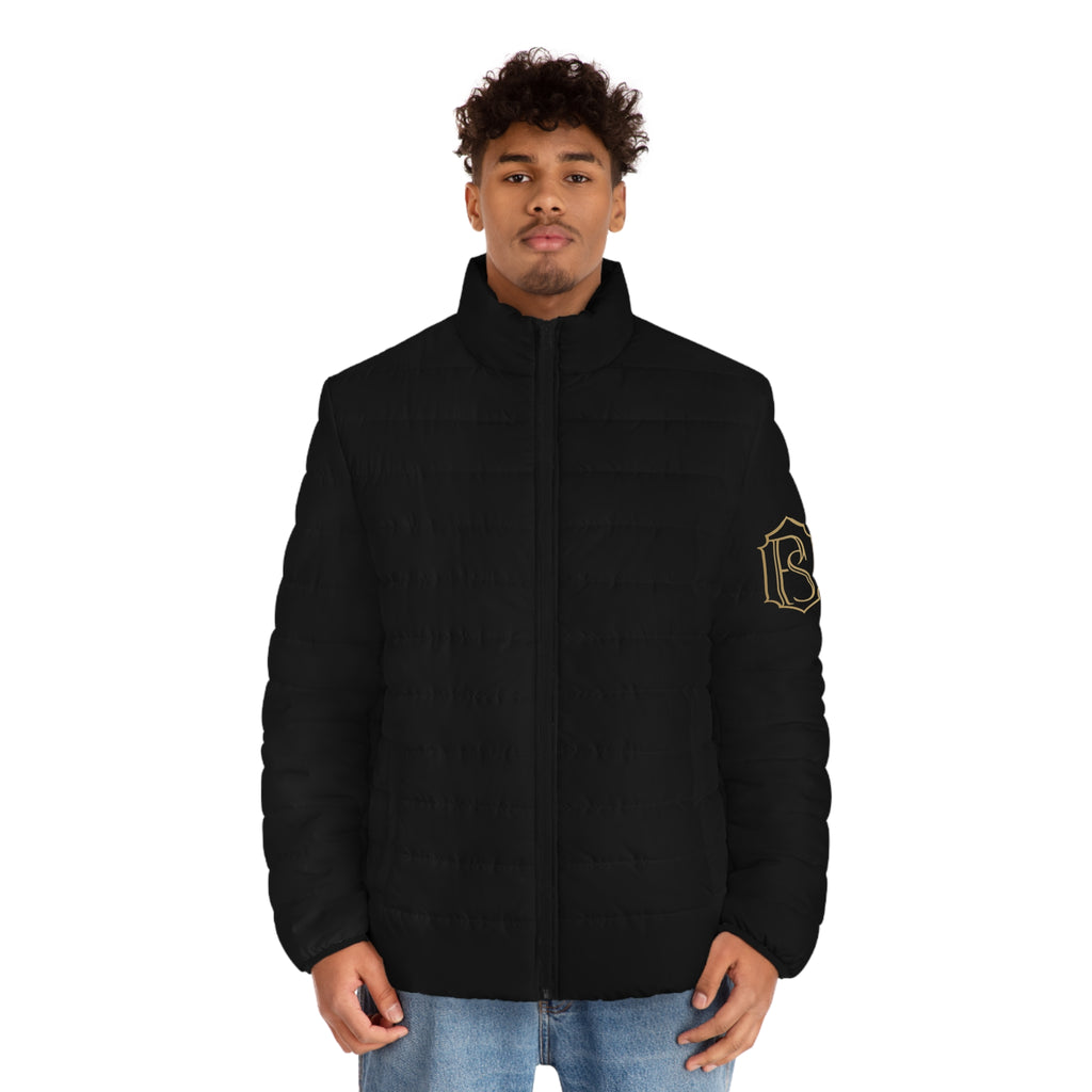 PR3PARED Black Puffer Jacket with Gold Crest Sleeve — Lightweight Quilted Coat