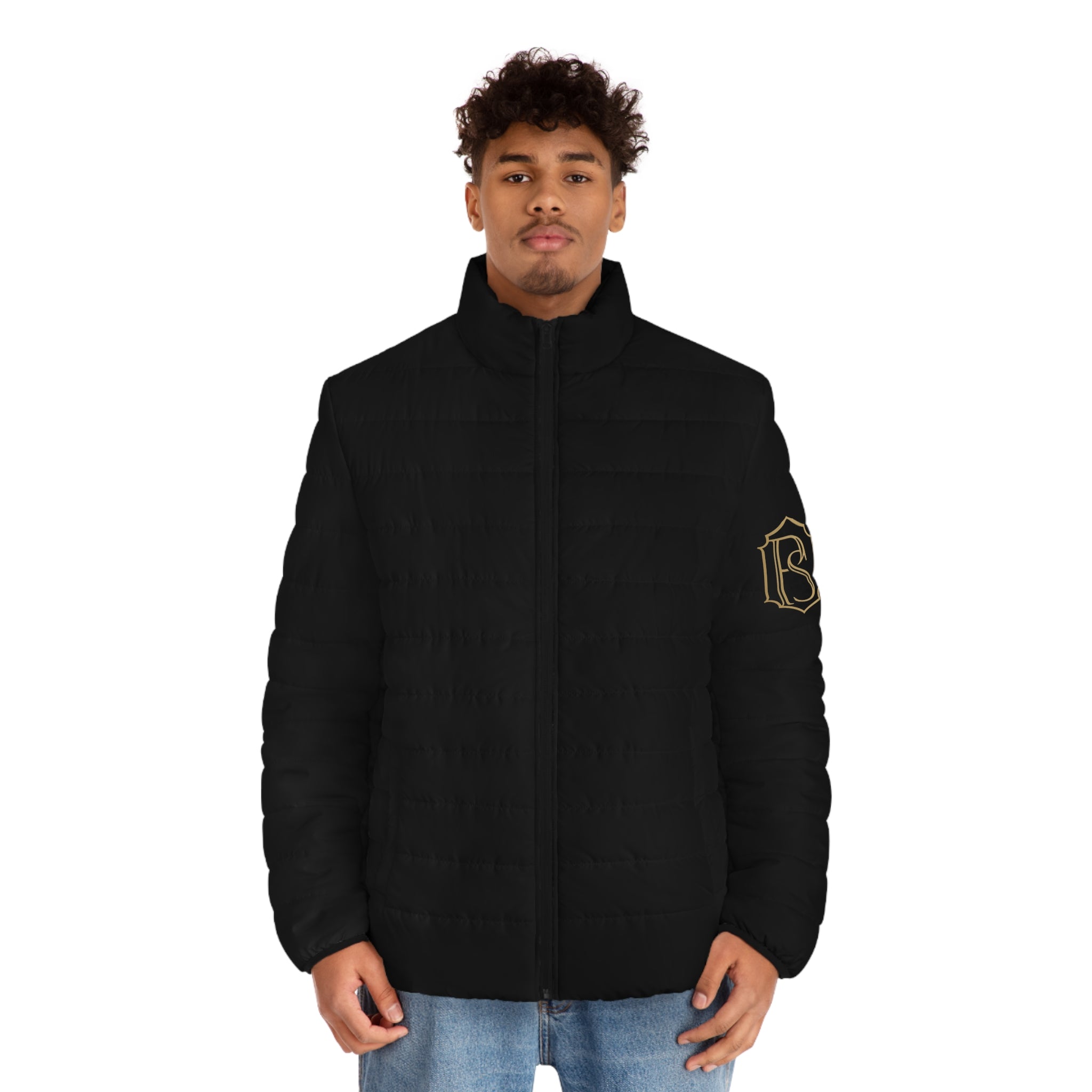 PR3PARED Black Puffer Jacket with Gold Crest Sleeve — Lightweight Quilted Coat