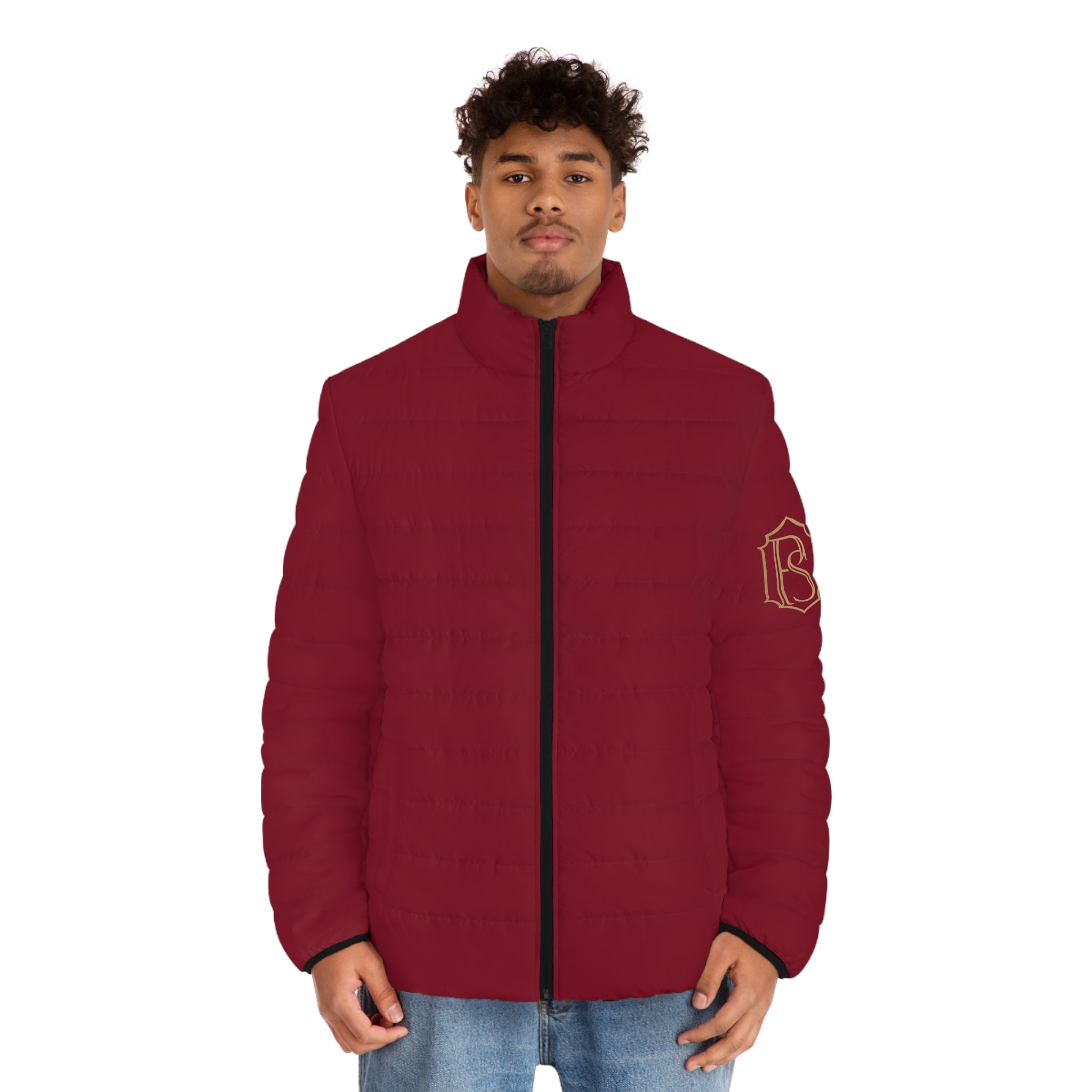 PR3PARED Burgundy Puffer Jacket with Gold Crest Sleeve — Lightweight Quilted Coat