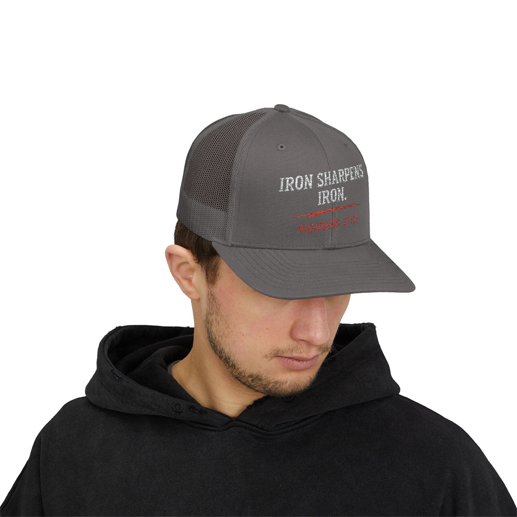 PR3PARED Iron Sharpens Iron Snapback Trucker Cap — Proverbs 27:17 Christian Mesh Hat