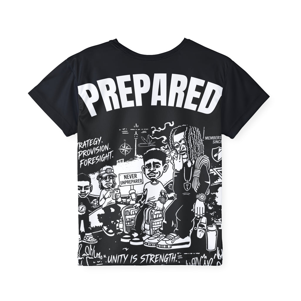 PR3PARED Kids Sports Jersey Tee — Graphic 'Prepared' Black All-Over Print