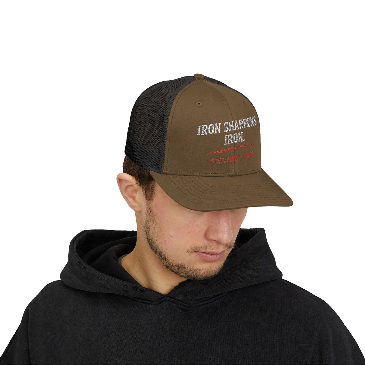 PR3PARED Iron Sharpens Iron Snapback Trucker Cap — Proverbs 27:17 Christian Mesh Hat