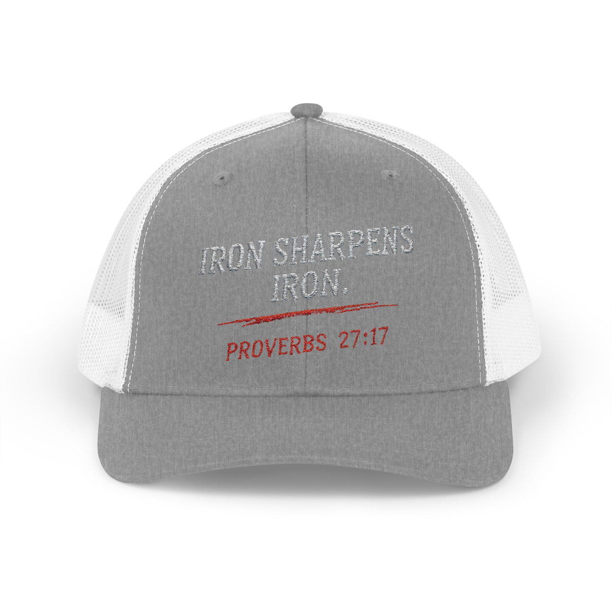 PR3PARED Iron Sharpens Iron Snapback Trucker Cap — Proverbs 27:17 Christian Mesh Hat