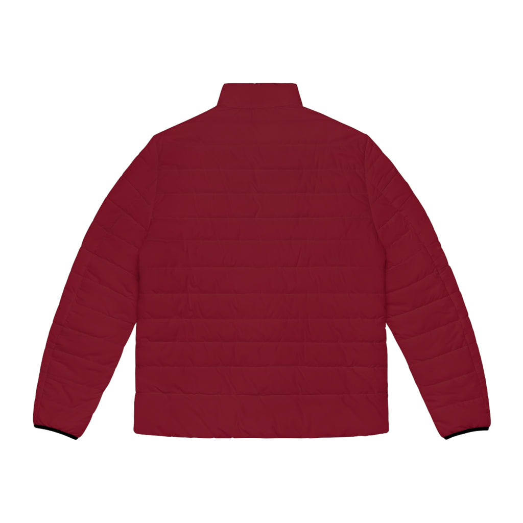 PR3PARED Burgundy Puffer Jacket with Gold Crest Sleeve — Lightweight Quilted Coat