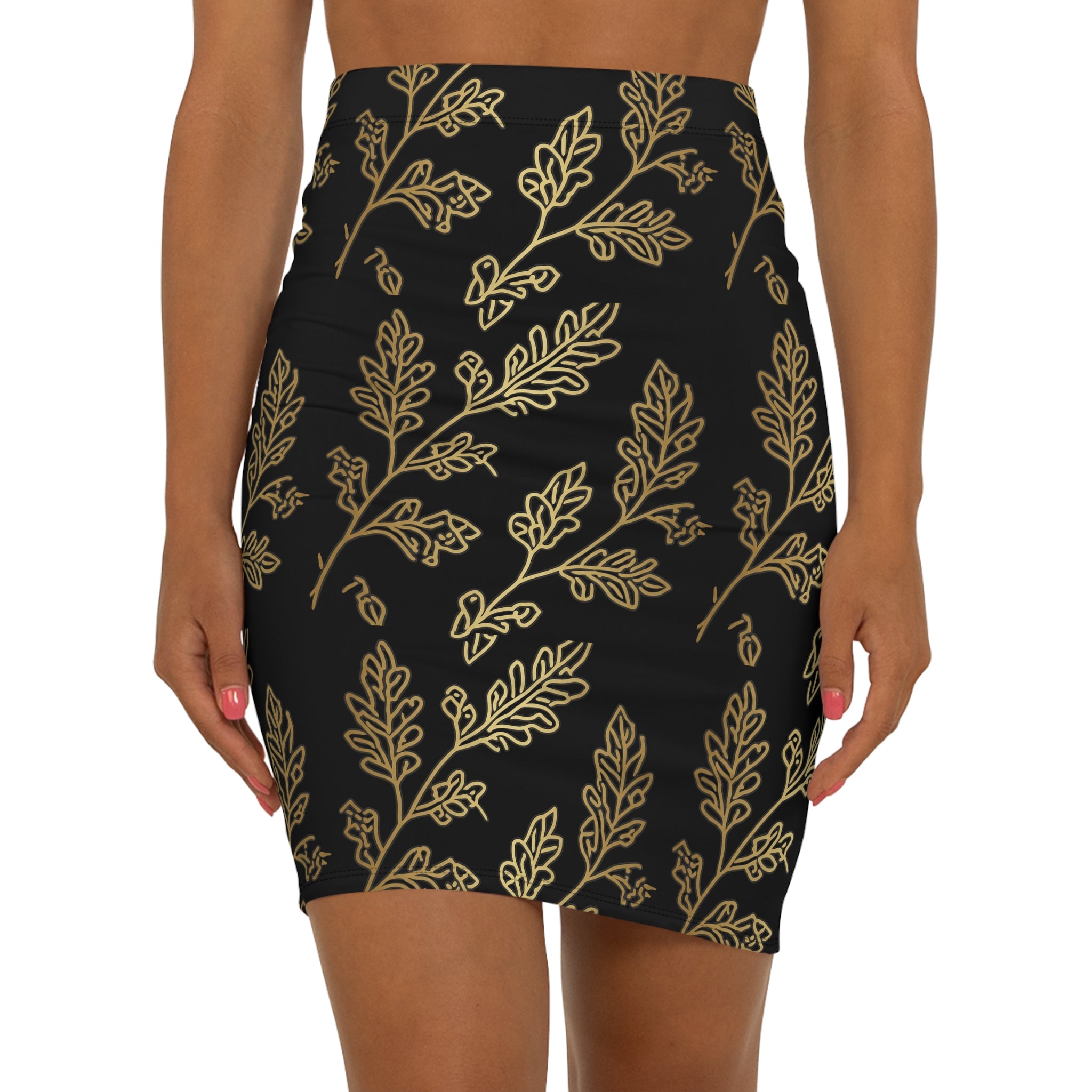 PR3PARED Gold Leaf Pattern Pencil Skirt — Elegant Black & Gold Mid‑Waist Skirt