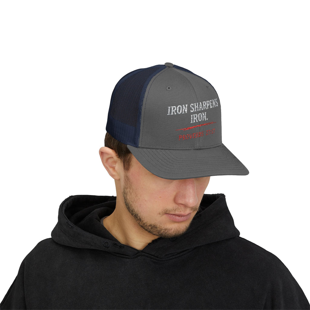 PR3PARED Iron Sharpens Iron Snapback Trucker Cap — Proverbs 27:17 Christian Mesh Hat
