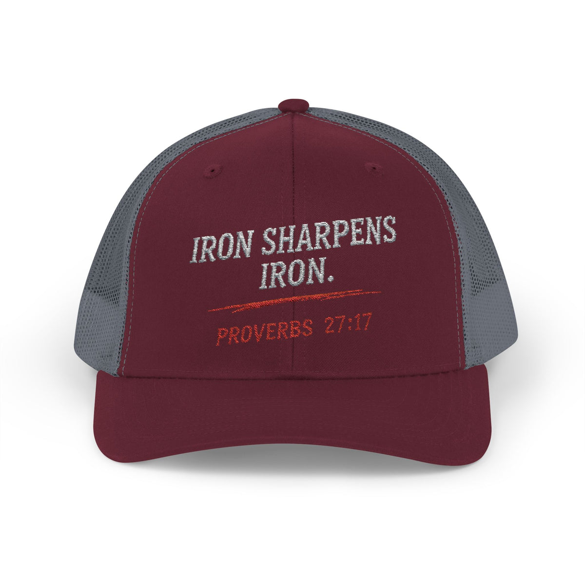 PR3PARED Iron Sharpens Iron Snapback Trucker Cap — Proverbs 27:17 Christian Mesh Hat