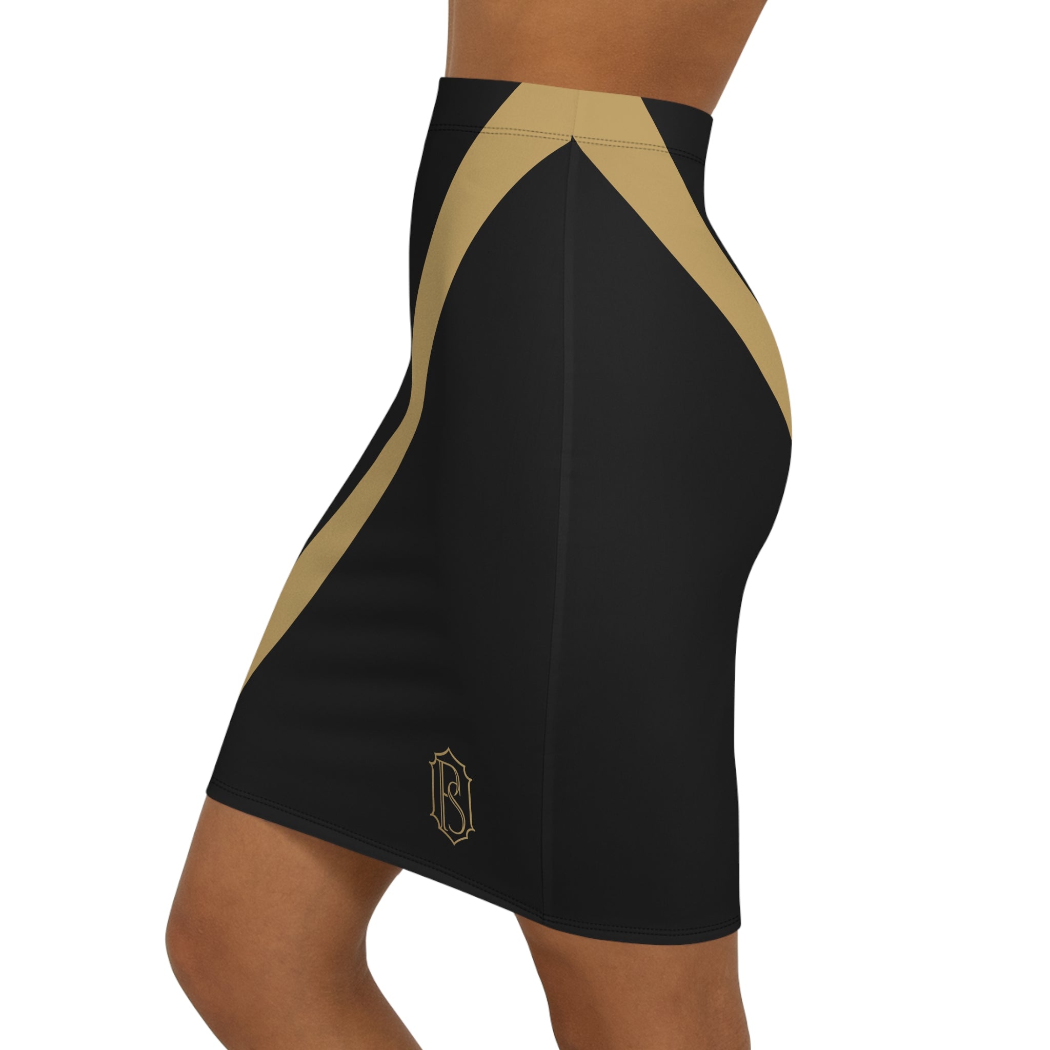 PR3PARED Black & Gold Diagonal Stripe Pencil Skirt — Women's Mid‑Waist Chic Workwear