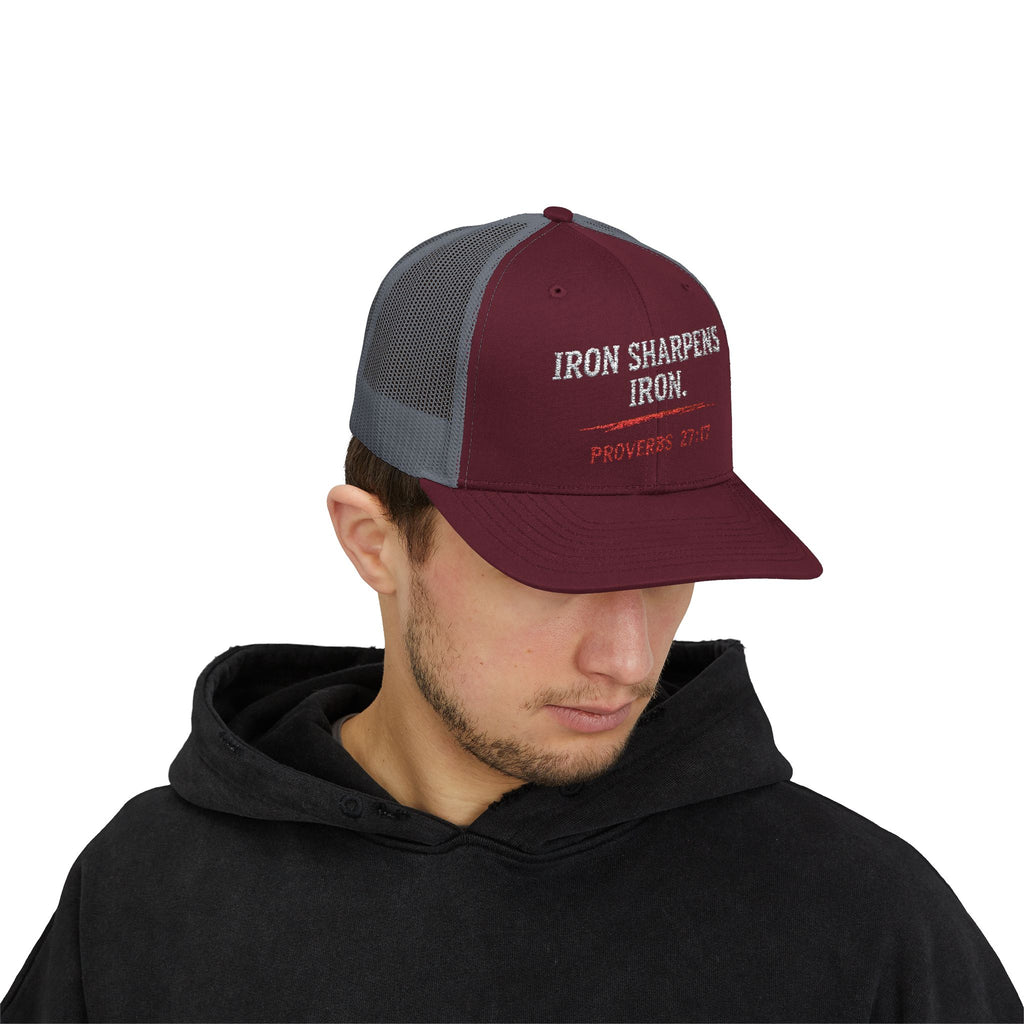 PR3PARED Iron Sharpens Iron Snapback Trucker Cap — Proverbs 27:17 Christian Mesh Hat
