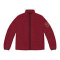 PR3PARED Burgundy Puffer Jacket with Gold Crest Sleeve — Lightweight Quilted Coat