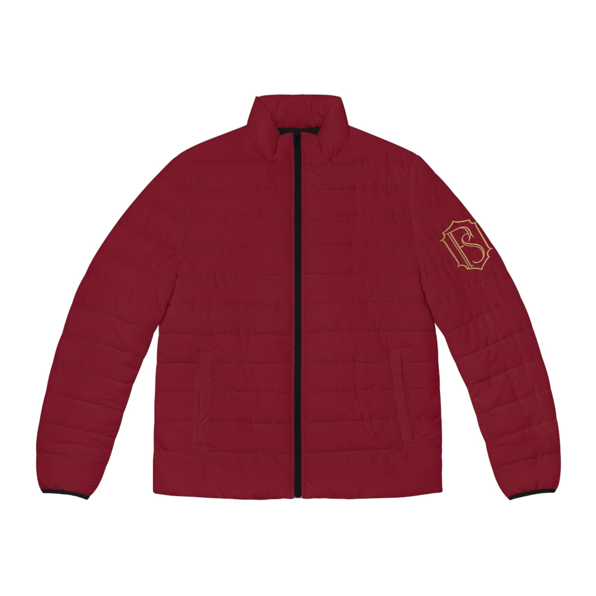 PR3PARED Burgundy Puffer Jacket with Gold Crest Sleeve — Lightweight Quilted Coat
