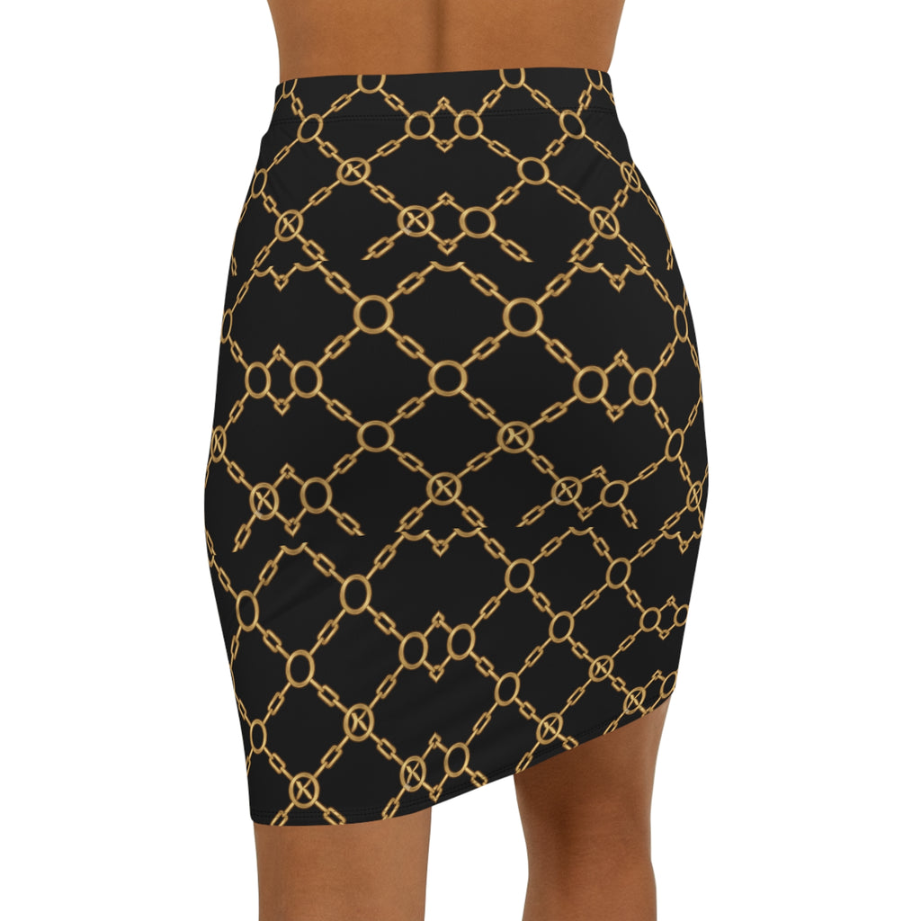 PR3PARED Chain-Print Pencil Skirt - Black & Gold Mid-Waist Fashion Skirt
